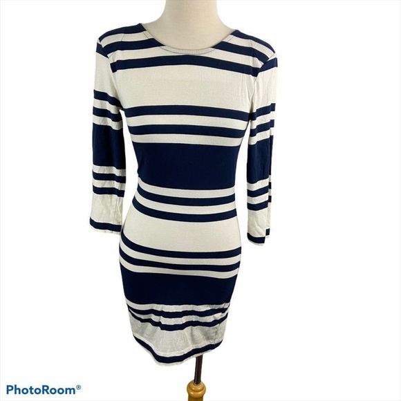 French Connection Navy and White Striped Long Sleeve Dress - Picture 1 of 8
